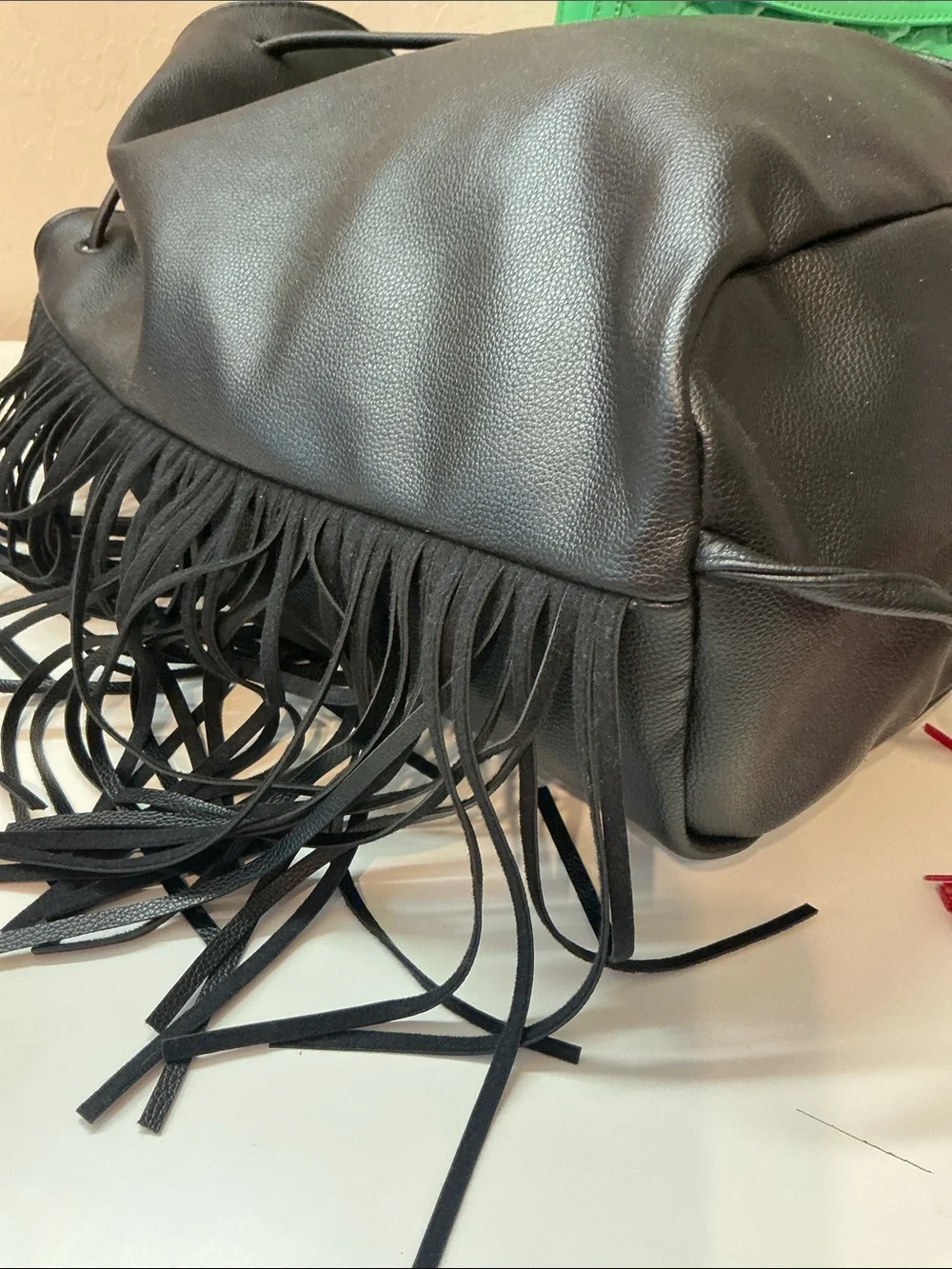 VICTORIA’S SECRET Black boho faux leather Fringe Drawstring Backpack bag